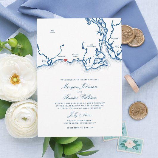 Invitation Westbrook CT Map Élégant Mariage bleu marine