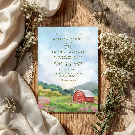 Invitation Western Barn Rustic Countryside QR Code Wedding