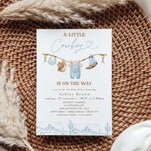 Invitation Western Blue Brown Cloche Baby shower Cowboy