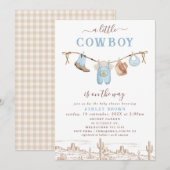 Invitation Western Blue Brown Cloche Baby shower Cowboy (Devant / Derrière)