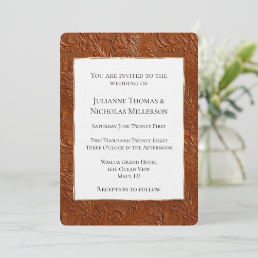 Invitation Western Bohemian Tan Brown Cowgirl Leaf Wedding (Debout devant)