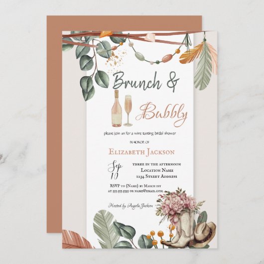 Invitation Western Boho Brunch & Bubbly Bridal Shower  (Devant / Derrière)