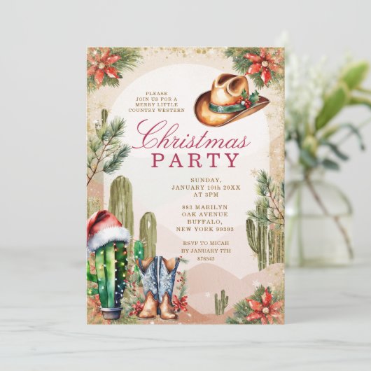 Invitation Western Boho Desert Cactus Cowboy Noël Party (Debout devant)