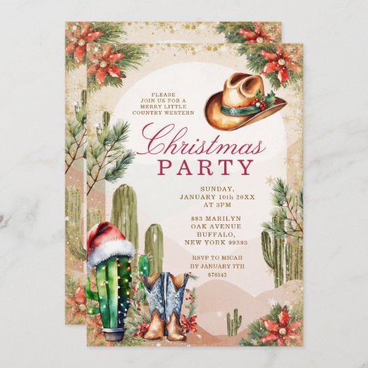 Invitation Western Boho Desert Cactus Cowboy Noël Party (Devant / Derrière)