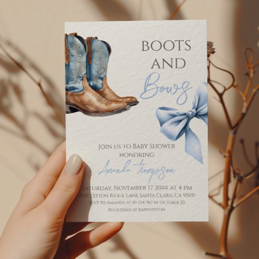 Invitation Western Boots and Bows Blue Baby shower