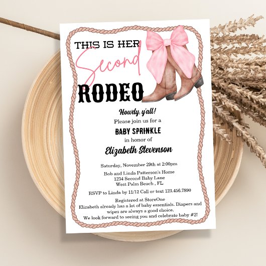 Invitation Western Boots Rose Bow Rodeo Deuxième bébé Sprinky