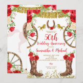 Invitation Western Bright Red Floral 50e anniversaire du Mari (Devant / Derrière)