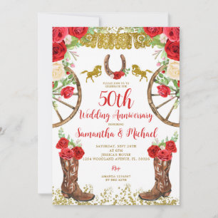 Invitation Western Bright Red Floral 50e anniversaire du Mari