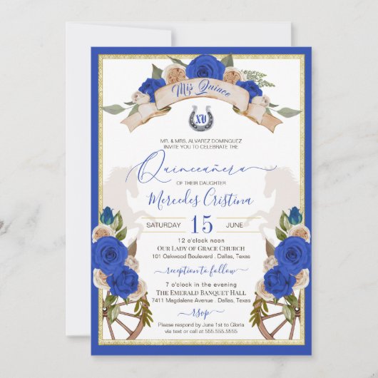Invitation Western Charro Blue Rose Floral Horses Quinceanera (Devant)
