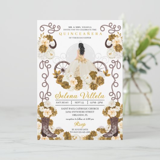 Invitation Western Charro Princess Ivory & Gold Quinceañera (Debout devant)