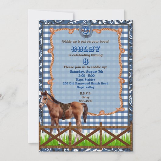 Invitation Western Cheval Bleu et Brun (Devant)