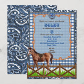 Invitation Western Cheval Brun et Bleu (Devant / Derrière)