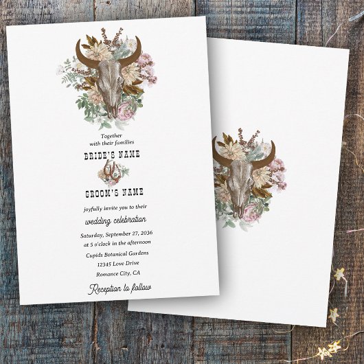 Invitation Western Country Cowboy Boho Cow Mariage crâne