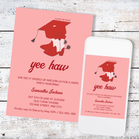 Invitation Western Country Cowboy Boots & Casquette Graduatio