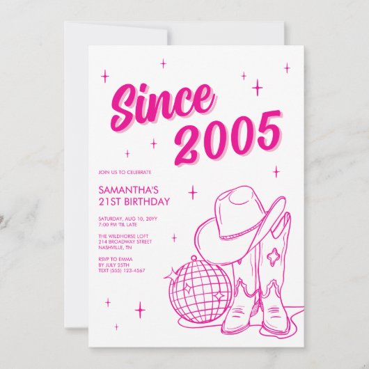 Invitation Western Country Pink Disco 21e fête d'anniversaire (Devant)
