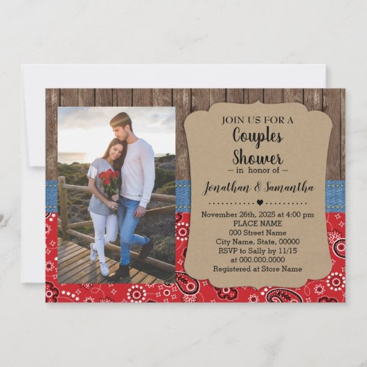Invitation Western couples douche country chic mariage (Devant)