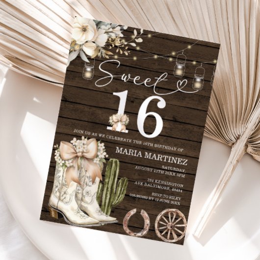 Invitation Western Cowgirl Bottes blanches Bois doux 16 Anniv