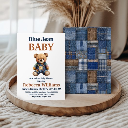 Invitation Western Denim Patchwork Bear Blue Jean Baby Shower