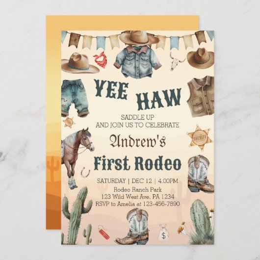 Invitation Western First Rodeo Wild West Cowboy Anniversaire (Devant / Derrière)