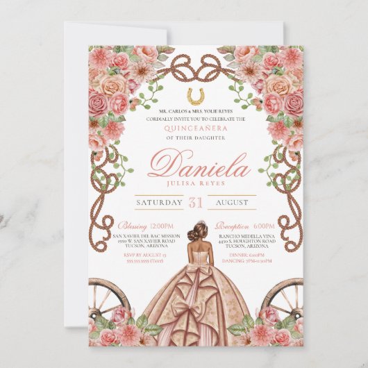 Invitation Western Floral Rose Gold Charro Quinceanera (Devant)