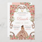 Invitation Western Floral Rose Gold Charro Quinceanera (Devant / Derrière)