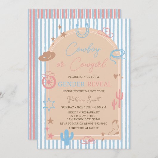Invitation Western Gender Reveal Cowboy or Cowgirl Stripe (Devant / Derrière)