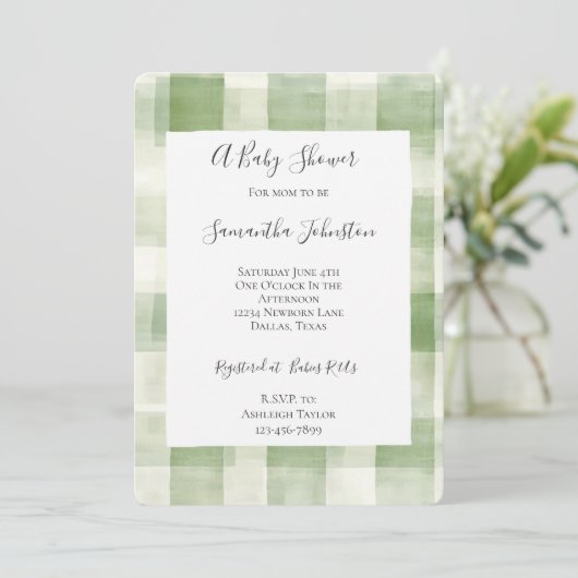Invitation Western Green Cream Plaid Stripes Baby shower chic (Debout devant)