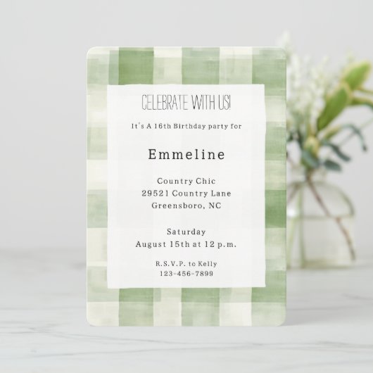 Invitation Western Green Cream Plaid Stripes Pays Anniversair (Debout devant)