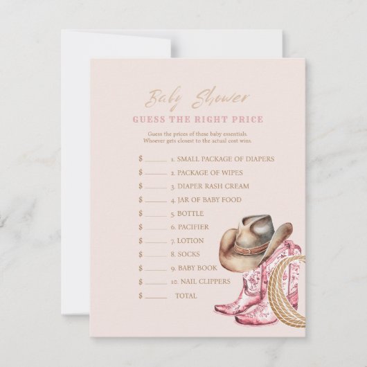 Invitation Western Guess the Price Baby Shower Game card (Devant)