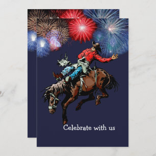 Invitation Western Party Rodeo Cowboy Bronc Rider Bleu
