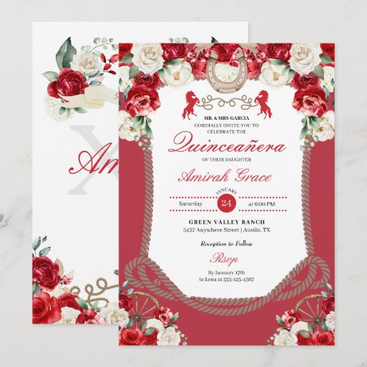 Invitation Western Red Roses Charro Cowgirl Quinceañera (Devant / Derrière)