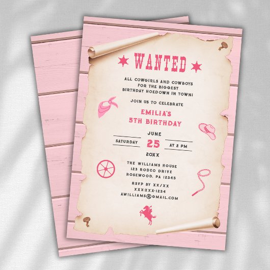 Invitation Western Rodeo Recherchée fille rose Anniversaire