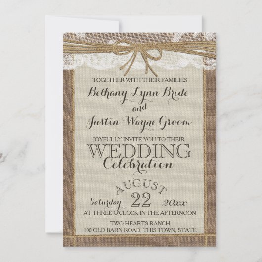 Invitation Western Romance Burlap et Lace (Devant)