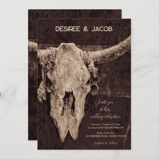 Invitation Western Rustic Brown Pays Rodeo Taureau (Devant / Derrière)