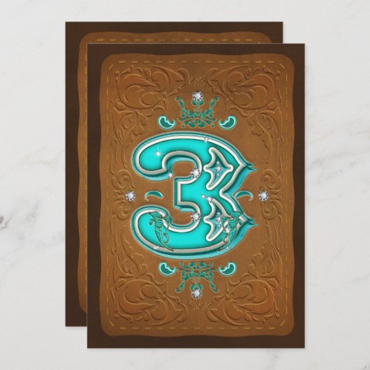 Invitation Western Rustic Brown & Turquoise TROIS 3 3ème Part (Devant / Derrière)