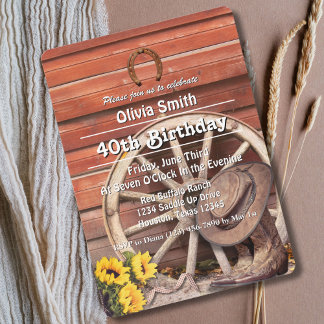 Invitation Western Rustic Cowgirl Boots Hat Sunflower 40th