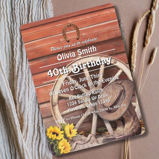 Invitation Western Rustic Cowgirl Boots Hat Sunflower 40th