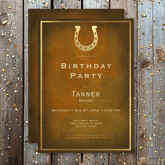 Invitation Western Rustic Horseshoe Brown Gold Anniversaire
