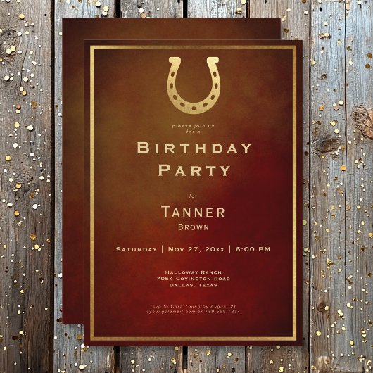 Invitation Western Rustic Horseshoe Burgundy Gold Birthday