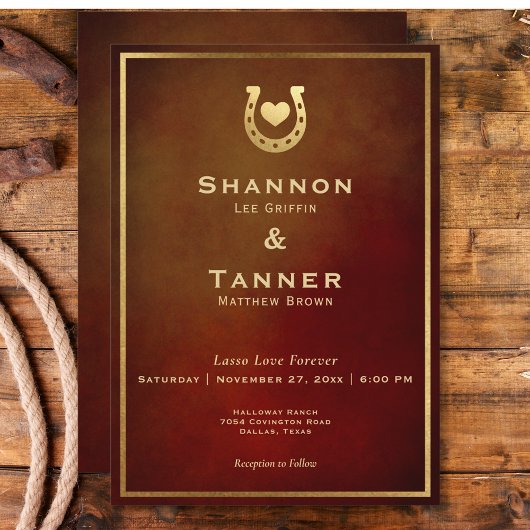 Invitation Western Rustic Horseshoe Coeur Bourgogne & Or