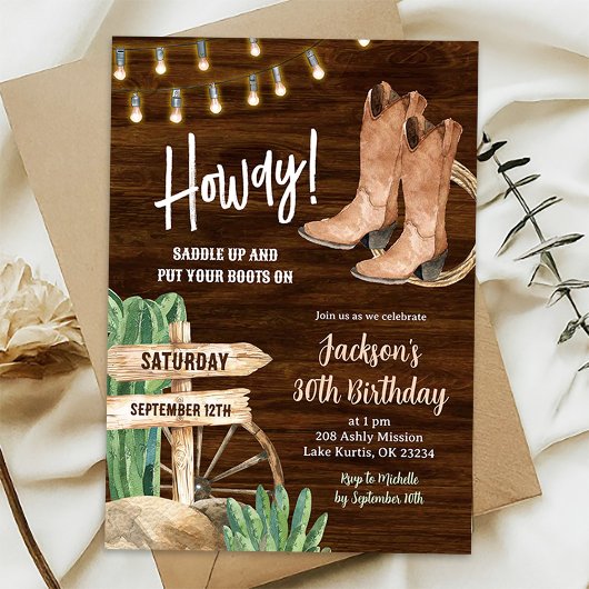 Invitation Western Rustic Wood Cowboy Homme Anniversaire