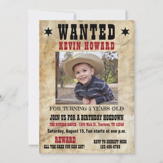 Invitation Western Wanted Poster Birthday (Devant)