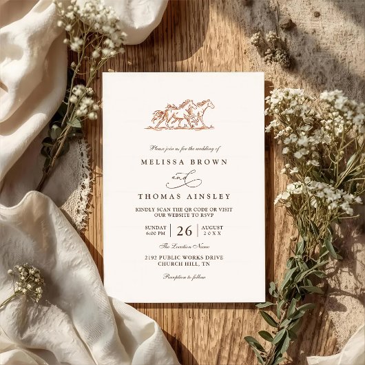 Invitation Western Wild Horses Rustic Country QR Code Wedding