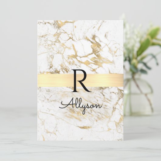 Invitation Wh/Gold Marbre, do-it-yourself Nom noir Monogramme (Debout devant)