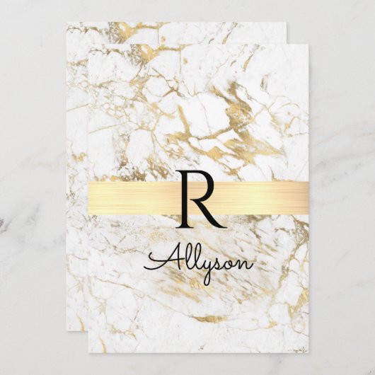 Invitation Wh/Gold Marbre, do-it-yourself Nom noir Monogramme (Devant / Derrière)