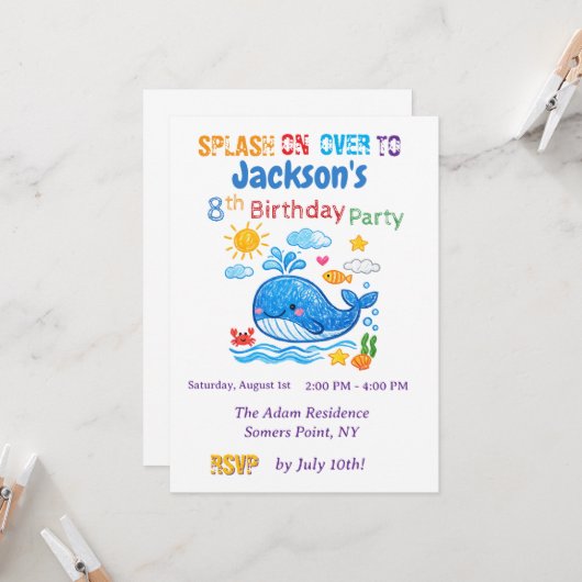 Invitation Whale Summer Birthday Inivitation Card  (Devant/Arrière en situation)