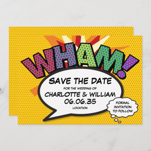 Invitation WHAM Enregistrer la date Fun Retro Comic Book Pop (Devant / Derrière)