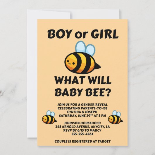 Invitation What Will Baby Bee Gender Reveal (Devant)