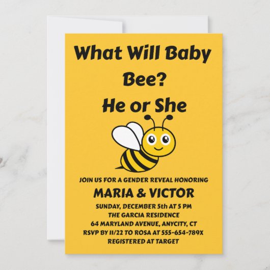 Invitation What Will Baby Bee Gender Reveal (Devant)