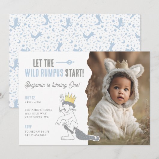 Invitation Where the Wild Things Are Wild One First Birthday (Devant / Derrière)